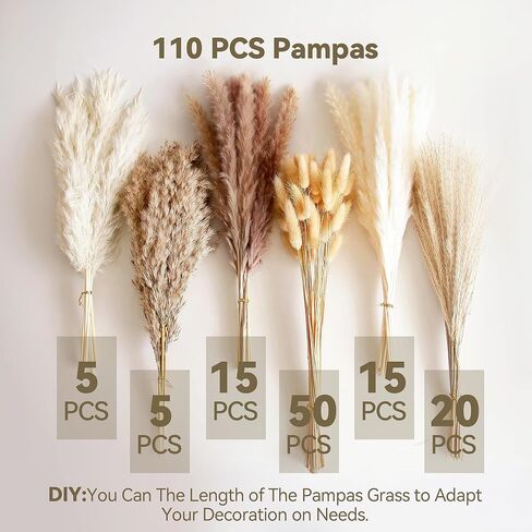 110 Pcs Pampas Grass Decor 23''/60cm , Natural Dried Pampas Bouquet, Boho Decor, Dried Reed Flowers. Suitable for Wedding Decor, Centerpiece Table Decorations, Flowers for Decoration in Kuwait