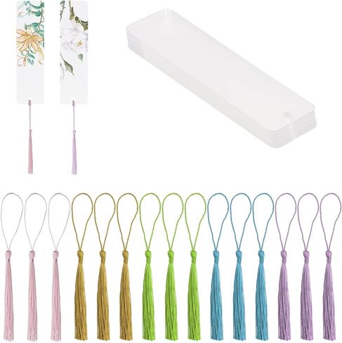 Clear Acrylic Bookmarks Penta Angel 15Pcs Rectangle Plastic Craft Transparent Blank Acrylic Book Markers with 15Pcs Small Bookmark Tassels for DIY Projects and Graduation Gift Tag (15) in Saudi Arabia