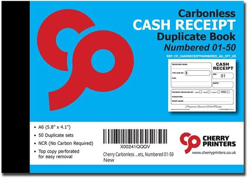 Cherry Carbonless Cash Receipt Book, 2-Part, with Loose-Leaf Writing Shield, A6 (4.1 x 5.8 Inches) 50 Sets, Unnumbered in Saudi Arabia