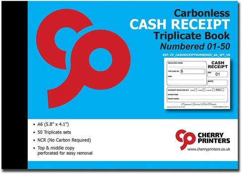 Cherry Carbonless Cash Receipt Book, 2-Part, with Loose-Leaf Writing Shield, A6 (4.1 x 5.8 Inches) 50 Sets, Unnumbered in Saudi Arabia