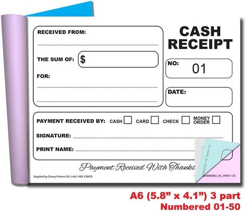 Cherry Carbonless Cash Receipt Book, 2-Part, with Loose-Leaf Writing Shield, A6 (4.1 x 5.8 Inches) 50 Sets, Unnumbered in Saudi Arabia