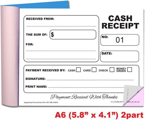 Cherry Carbonless Cash Receipt Book, 2-Part, with Loose-Leaf Writing Shield, A6 (4.1 x 5.8 Inches) 50 Sets, Unnumbered in Saudi Arabia