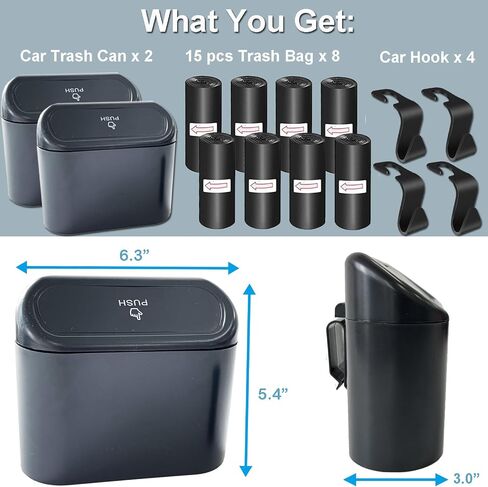 Kitbest (2 Pack Car Trash Can Bin with Lid, 120 pcs Trash Bags and 4 pcs Car Hooks. Mini Car Garbage Can, Dustbin Can Organizer Storage for Front Back Seat Accessories for Car Office Home in Saudi Arabia