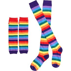 Sosoport Women Rainbow Leg Warmers - Girls Pride Rainbow Thigh High Stockings and Long Fingerless Rainbow Gloves - Scenecore Arm Warmer Leg Stocking Clown Socks Rainbow Stockings Arm Socks