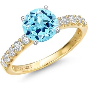 Gem Stone King 14K Two Tone Gold Gemstone Birthstone and White Lab Grown Diamond Engagement Ring For Women | Round 6MM and 2MM | Wedding Anniversary Promise Ring | Available in Size 5,6,7,8,9