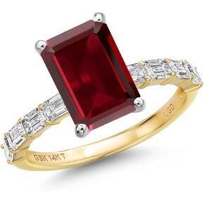 Gem Stone King 14K Two Tone Gold Gemstone Birthstone and Lab Grown Diamond Engagement Ring For Women | Emerald Cut 10X8MM and 3X2MM | Wedding Anniversary Ring | Available in Size 5,6,7,8,9