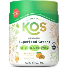 KOS Organic Superfood Greens Powder - Gut Health from Prebiotic Fiber, Supergreens and Adaptogens - USDA Certified Organic, Made in a GMP Certified Facility - 28 Servings Mango