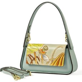 Shoulder Bags for Women, Genuine Leather Shoulder Bag for Women Hand Carved Painted Leather Clutch Saddle Bag with 2 Removable Strap Cute Hobo Tote Handbag Purse (Lotus Seed)