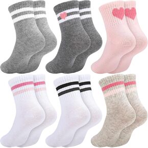 Jspupifip 6 Pairs of Kids Athletic Socks, Hearts Athletic Socks Crew Athletic Socks for Kids, Stripes Combed Cotton Socks with High Ribbed Top Cuffs, Kids Girls and Boys to Little Kids 6-8 Years Old