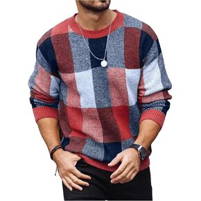 OYOANGLE Men's Color Block Plaid Print Long Sleeve Crew Neck Sweater Pullover Tops