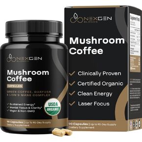 100% Organic Mushroom Coffee Alternative - Organic Lion's Mane Mushroom Supplement with Patented Guayusa & Green Coffee Bean Extract for Long-Lasting Jitter-Free Energy and Focus - 90 Capsules