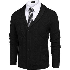 COOFANDY Mens Shawl Collar Cardigan Sweater Slim Fit Button Down Cable Knitted Sweater with Pockets