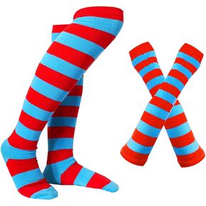 Red Blue Striped Costume Socks and Gloves Halloween Striped High Knee Socks for Women Party Outfits Costume Accessories