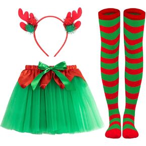 3PCS Christmas Costume Set Including Antler Headband Tutu Skirt Striped Tights Socks for Women