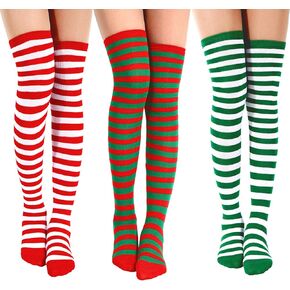 3 Pairs Christmas Women Striped over Knee High Socks Long Xmas Striped Socks Elf Tight High Stocking Green White Stripe Socks for Christmas Women Costume