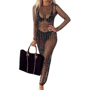 Willow Dance Women's Sheer Mesh Pearl Rhinestone Cover Up Beach Dress Swimwear Bikini Swimsuit Bathing Suit Coverups