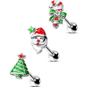 OUFER 3PCS Christmas Cartilage Earrings, 316L Surgical Steel Helix Piercing Jewelry, 16G Santa Claus Tragus Forward Helix Lobe Conch Earrings for Women Men-6MM