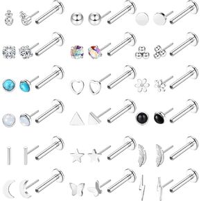 20G Threadless Nose Studs for Women Men Push in Nose Stud Hypoallergenic 316L Surgical Steel Flat Back Stud Earrings Labret Cartilage Lip Rings Medusa Nostril Conch Tragus Body Piercing Jewelry 18 Pairs