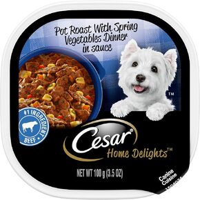 CESAR HOME DELIGHTS Adult Wet Dog Food Sausage Flavor with Egg and Cheese in Gravy, 3.5 oz. Easy Peel Trays, Pack of 24