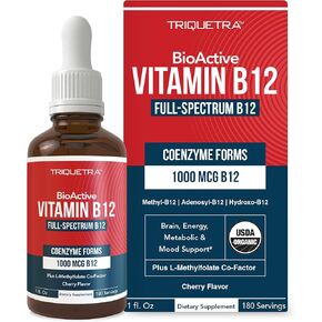 BioActive Vitamin B12 1000 mcg | Contains 3 BioActive B12 Forms Plus Methylfolate Cofactor - Methyl B12, Adenosyl B12 & Hydroxy B12 | Sublingual Form, Cherry Flavor, Organic, Vegan (180 Servings)