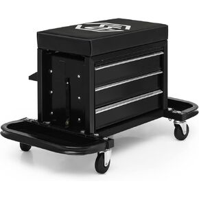 M-AUTO Rolling Mechanic Stool Garage Toolbox Stool Tool Chest Seat w/Wheels, 350LBS Capacity Padded Mechanic Stool Creeper Seat w/Drawers & Side Tool Trays for Home Garage and Workshop, Black
