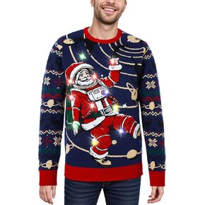 RAISEVERN LED Men Ugly Christmas Sweater Funny Light Up Xmas Party Long Sleeve Knitted Pullover