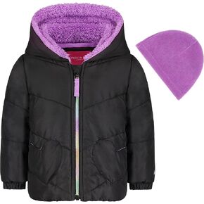 LONDON FOG Girls' Quilted Puffer Winter Jacket with Fleece Hat, Black Purple Heart, 2T