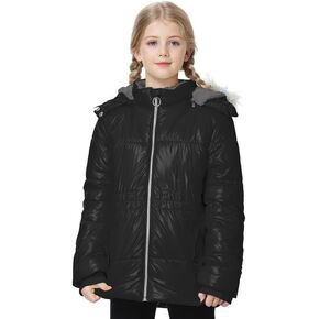 Kinsyoma Girls Metallic Winter Coats Fleece Lined Jacket with Detachable Hood Warm Parka Puffer Outwear Black 7-8 Years