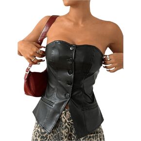 SHENHE Women's PU Leather Strapless Vest Top Button Up Fitted Tube Top Vest Tank Blazer