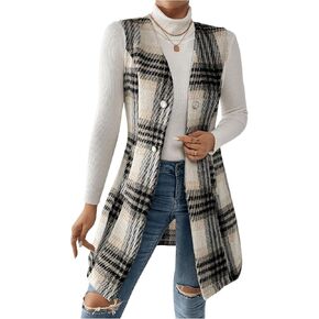 MakeMeChic Women's Plaid Vest V Neck Sleeveless Button Down Jacket Outerwear