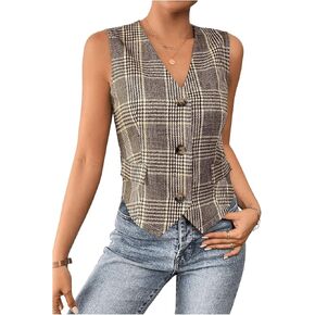 MakeMeChic Women's Plaid Button Down Vest Tops Sleeveless Jacket Vintage Blazer Waistcoat