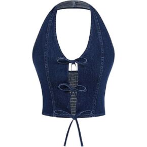 MakeMeChic Women's Cute Bow Tie Front Sleeveless Shirred Y2K Jean Denim Vest Tops Halter Tops Crop Tank Tops