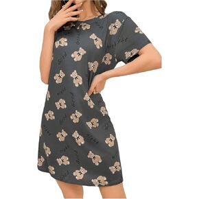 SHENHE Women's Cute Sleepshirt Bear Print Short Sleeve Loose Nightgown Short Sleep Dress