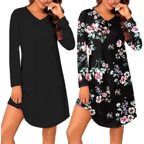 Marvmys 2 Pack Nightgowns for Women Long Sleeve Night Shirts Sleepwear V Neck Night Gown for Adult Women S-3XL