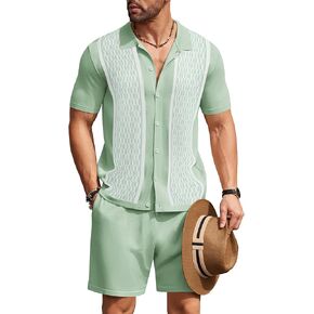 COOFANDY Men's 2 Piece Outfit Vintage Short Sleeve Button Down Knit Polo Shirts Casual Beach Shorts Sets