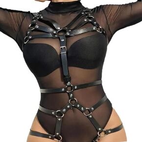Women Full Body Strappy Chest Harness Cage Faux Leather Bondage Body Adjustable Belt Sexy Punk Strapless Strap Gothic Lingerie Garter Belts for Rave Party