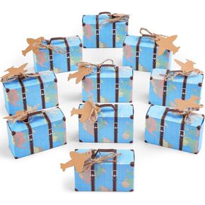 HONEYGIFTS 50 Piece Mini Suitcase Gift Box Party Favor Candy Box, Mini World Map Suitcase for Birthday Party/Wedding/Travel Themed Parties/Bride Shower Decoration, with Labels and Burlap Cloth