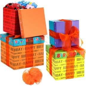 4 Pcs Food Gift Basket Tower Gift Box with Lid Ribbon Chocolate Square Nested Box Assorted Sizes for Birthday Weddings Thank You Women Men Family Decoration(Happy Birthday)
