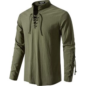 Men's Retro Lace Up Renaissance Pirate Medieval Costume Cotton Long Sleeve Viking Shirt