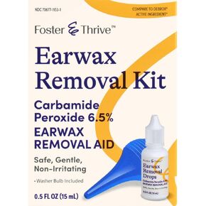 Foster & Thrive Earwax Removal Kit, Softens & Loosens Excess Earwax, Safe, Gentle and Non-Irritating, Carbamide Peroxide 6.5%, Includes Drops and Ear Syringe Bulb, 0.5 Oz