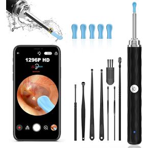 Ear Wax Removal, Ear Cleaner with Camera and Light, Ear Wax Removal Kit with 1296P Otoscope, Ear Cleaning Tool with 6 Ear Spoon, Ear Camera for iPhone & Android Phones,Black
