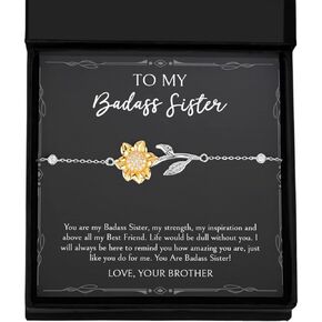 Sister Bracelet From Brother, To My Badass Sister Sterling Silver Bracelet with 14k Gold Sunflower Charm, Cool Birthday Gifts For Sister From Brother, Funny Brother To Sister Gift Ideas