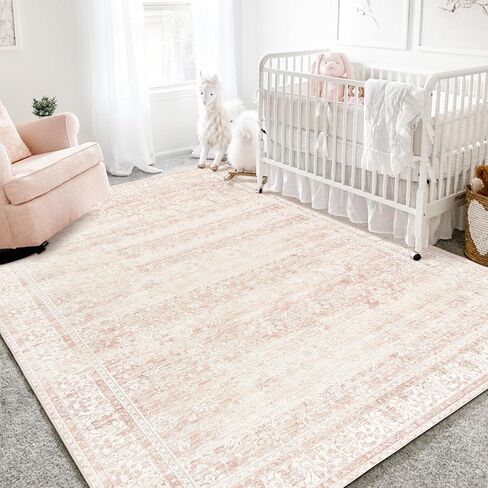Nursery Rug for Baby Girl,Neutral Blush Pink Boho Cute Floral Foldable Machine Washable Soft Faux Wool Carpet Area Rugs for Living Room Bedroom Dorm Kids Playroom,5x7 in Saudi Arabia