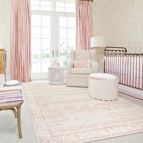 Nursery Rug for Baby Girl,Neutral Blush Pink Boho Cute Floral Foldable Machine Washable Soft Faux Wool Carpet Area Rugs for Living Room Bedroom Dorm Kids Playroom,5x7 in Saudi Arabia