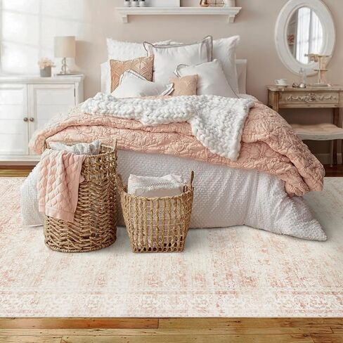 Nursery Rug for Baby Girl,Neutral Blush Pink Boho Cute Floral Foldable Machine Washable Soft Faux Wool Carpet Area Rugs for Living Room Bedroom Dorm Kids Playroom,5x7 in Saudi Arabia