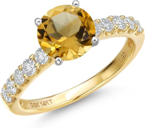 Gem Stone King 14K Two Tone Gold Gemstone Birthstone and White Lab Grown Diamond Engagement Ring For Women | Round 6MM and 2MM | Wedding Anniversary Promise Ring | Available in Size 5,6,7,8,9 in Saudi Arabia