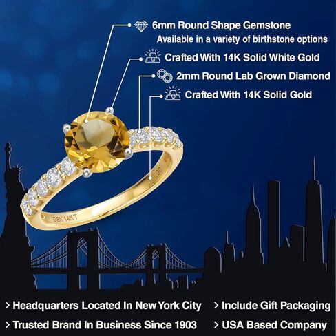 Gem Stone King 14K Two Tone Gold Gemstone Birthstone and White Lab Grown Diamond Engagement Ring For Women | Round 6MM and 2MM | Wedding Anniversary Promise Ring | Available in Size 5,6,7,8,9 in Saudi Arabia