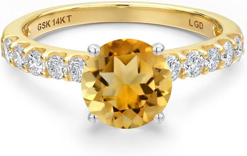 Gem Stone King 14K Two Tone Gold Gemstone Birthstone and White Lab Grown Diamond Engagement Ring For Women | Round 6MM and 2MM | Wedding Anniversary Promise Ring | Available in Size 5,6,7,8,9 in Saudi Arabia