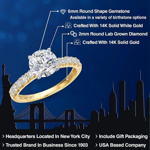 خاتم خطوبة من الأحجار الكريمة من الذهب عيار 14 قيراط من Gem Stone King وأحجار كريمة بيضاء اللون من الألماس الأبيض | جولة 6 مم و 2 مم | خاتم وعد الذكرى السنوية للزفاف | متوفر بمقاس 5،6،7،8،9 in Saudi Arabia