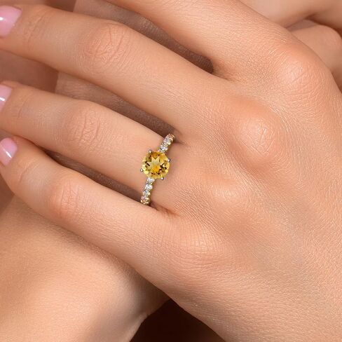 Gem Stone King 14K Two Tone Gold Gemstone Birthstone and White Lab Grown Diamond Engagement Ring For Women | Round 6MM and 2MM | Wedding Anniversary Promise Ring | Available in Size 5,6,7,8,9 in Saudi Arabia